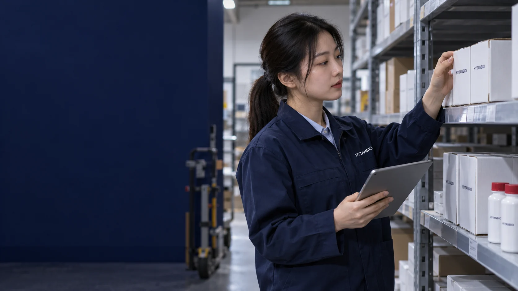 An East Asian warehouse specialist checks an orderly shelf of sealed sample cartons — illustrative development scene
