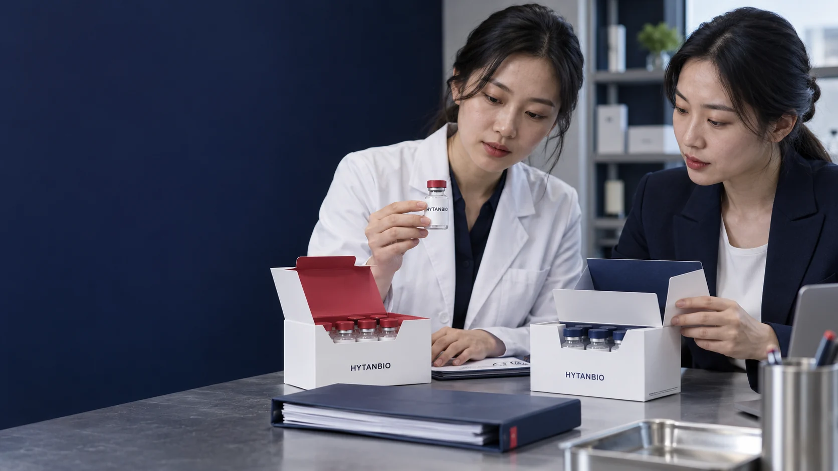 Two differently configured closed sample boxes with a neutral version-control folder on a worktable — illustrative development scene