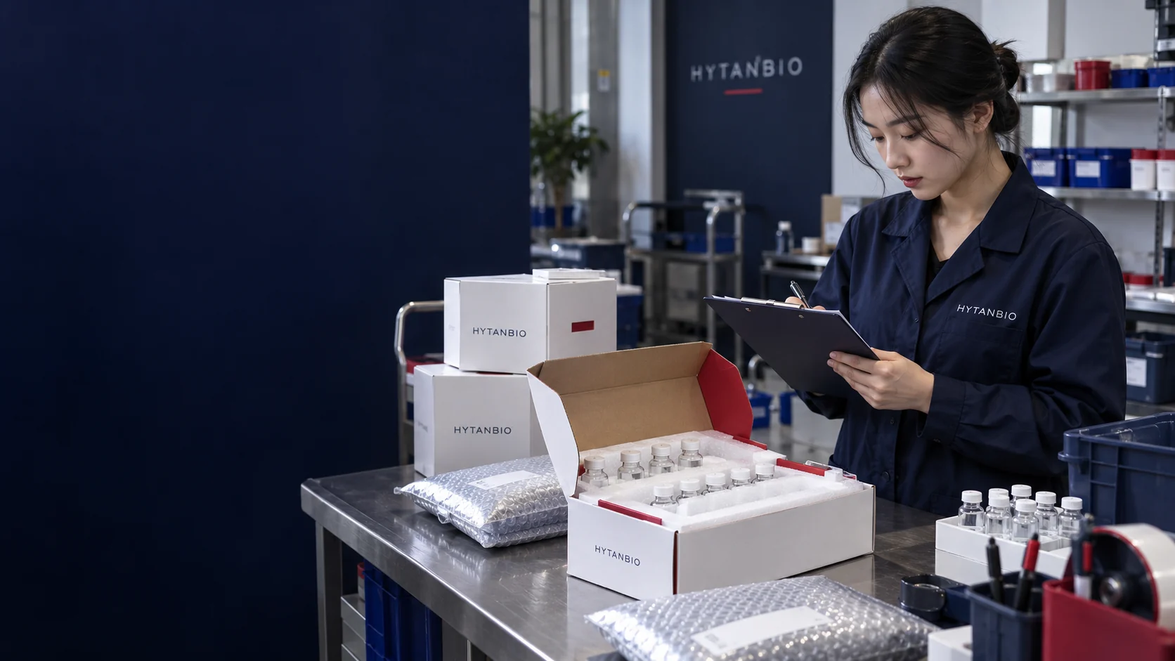 A practical dispatch bench with protected sample packages and an East Asian colleague checking a clipboard — illustrative development scene